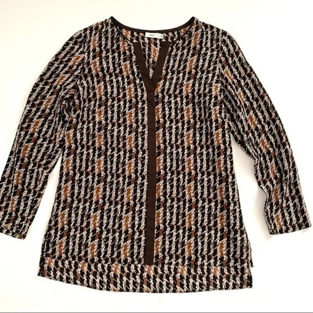 Vince Houndstooth Silk Blouse Brown Tan Size 0